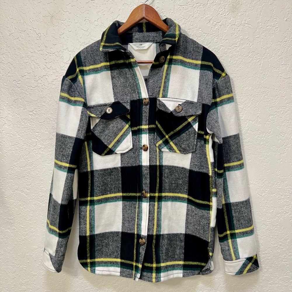 H&M Kids Plaid Shacket Black White Yellow Wool Blend Shirt Jacket Size 13-14Y 18